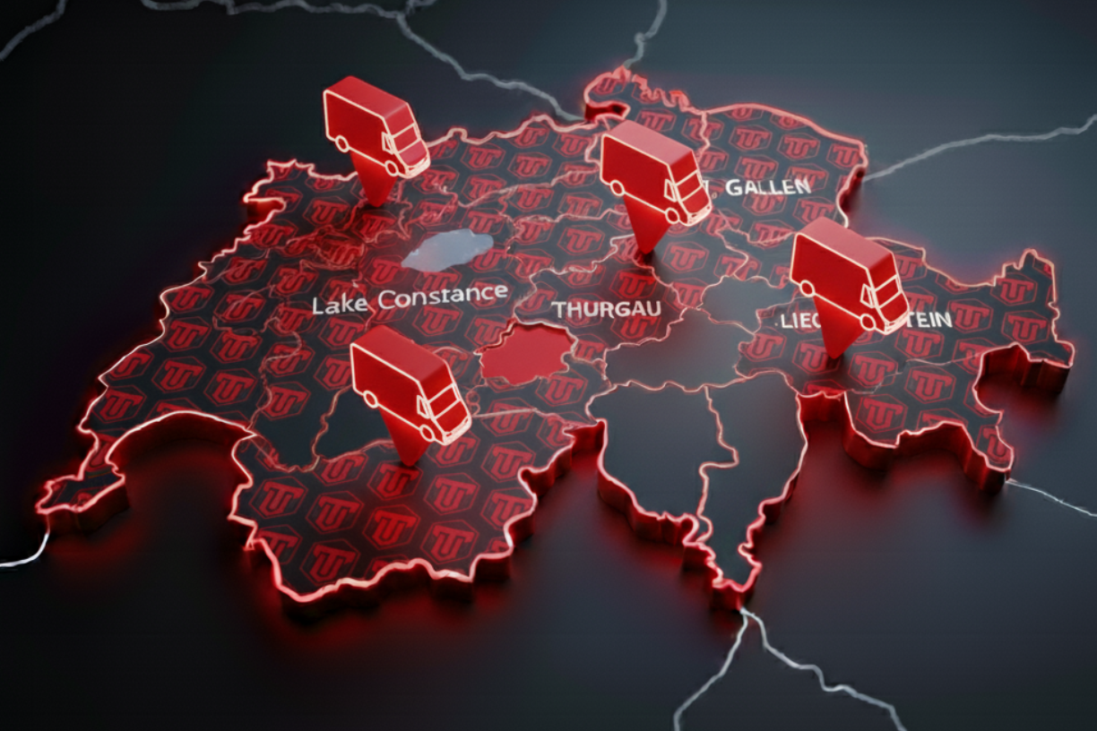 „3D-Karte mit rot markierten Regionen Bodensee, St. Gallen, Thurgau und Liechtenstein – Einsatzgebiet von Truck Titan“