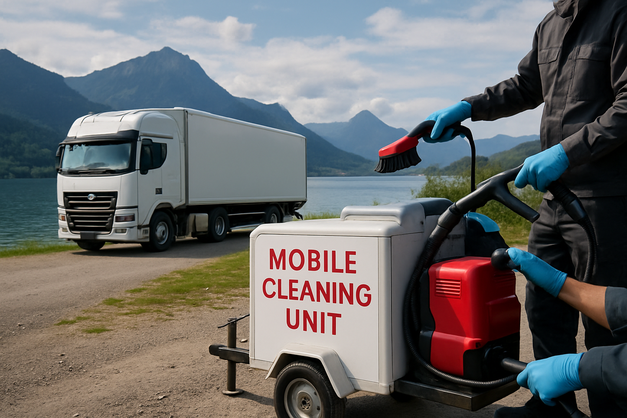 Ein mobiles LKW-Reinigungsfahrzeug von Truck Titan am Bodensee, mit einem sauberen LKW und Bergen im Hintergrund. Zeigt den mobilen Service in der Bodensee-Region.