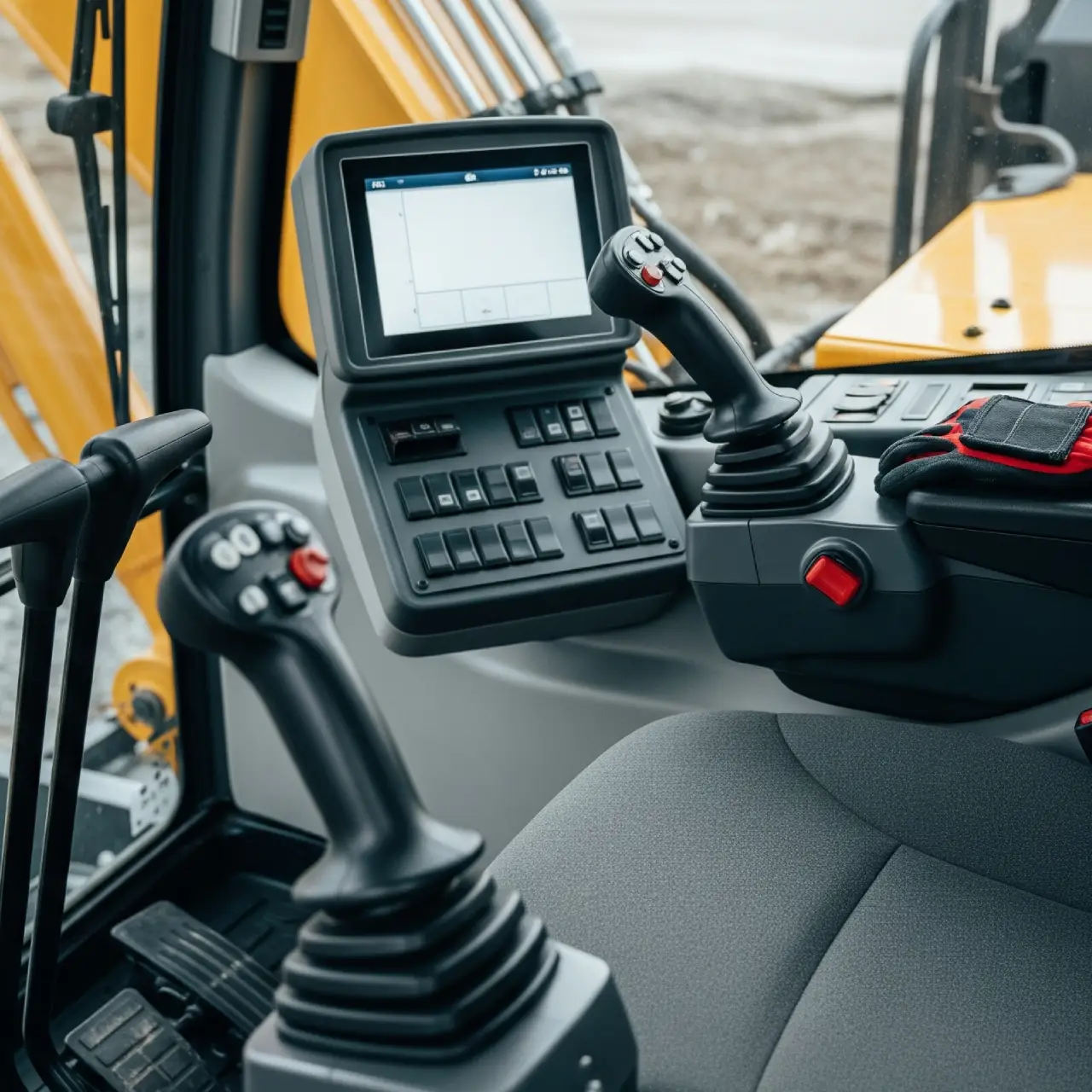 Baggerkabine extrem sauber: gereinigte Joysticks, Konsole und Sitz – Truck Titan, mobile Innenreinigung.