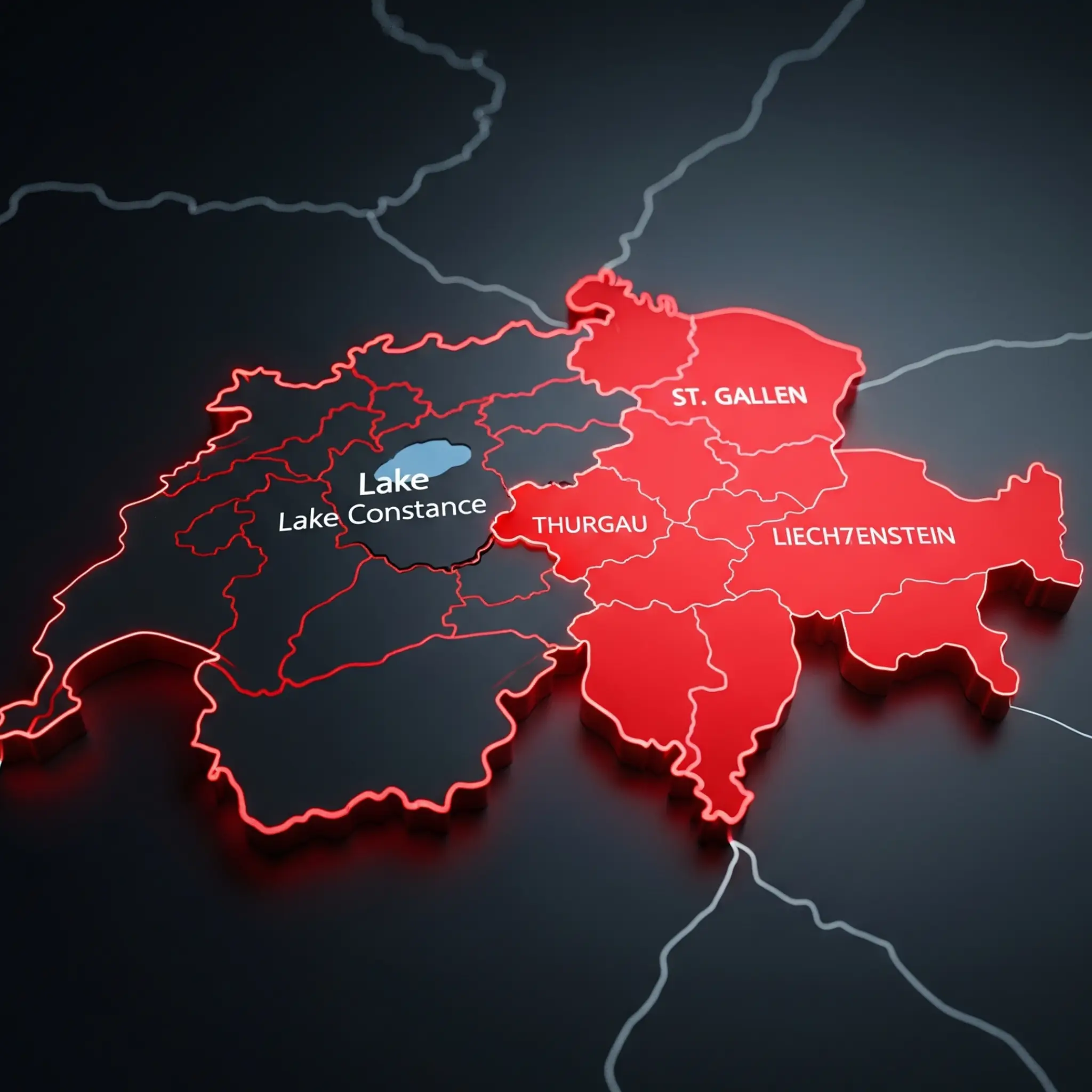 Karte der Ostschweiz mit markierten Einsatzgebieten Truck Titan: Bodensee, St. Gallen, Thurgau und Liechtenstein