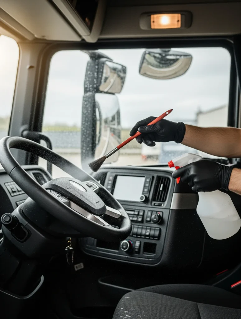LKW-Innenreinigung am Cockpit mit Detailbürste und Sprühreinigung – Truck Titan, mobile Kabinenreinigung.