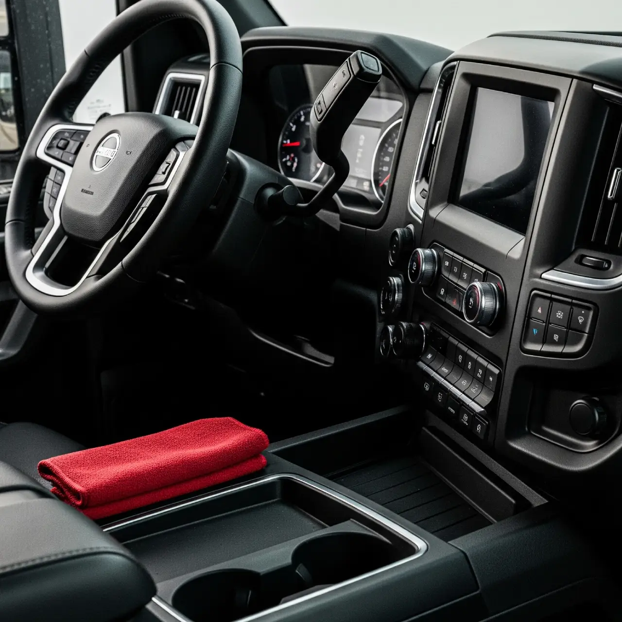 LKW-Cockpit nach Reinigung: Lenkrad und Armaturen fleckenfrei – Truck Titan Ostschweiz.