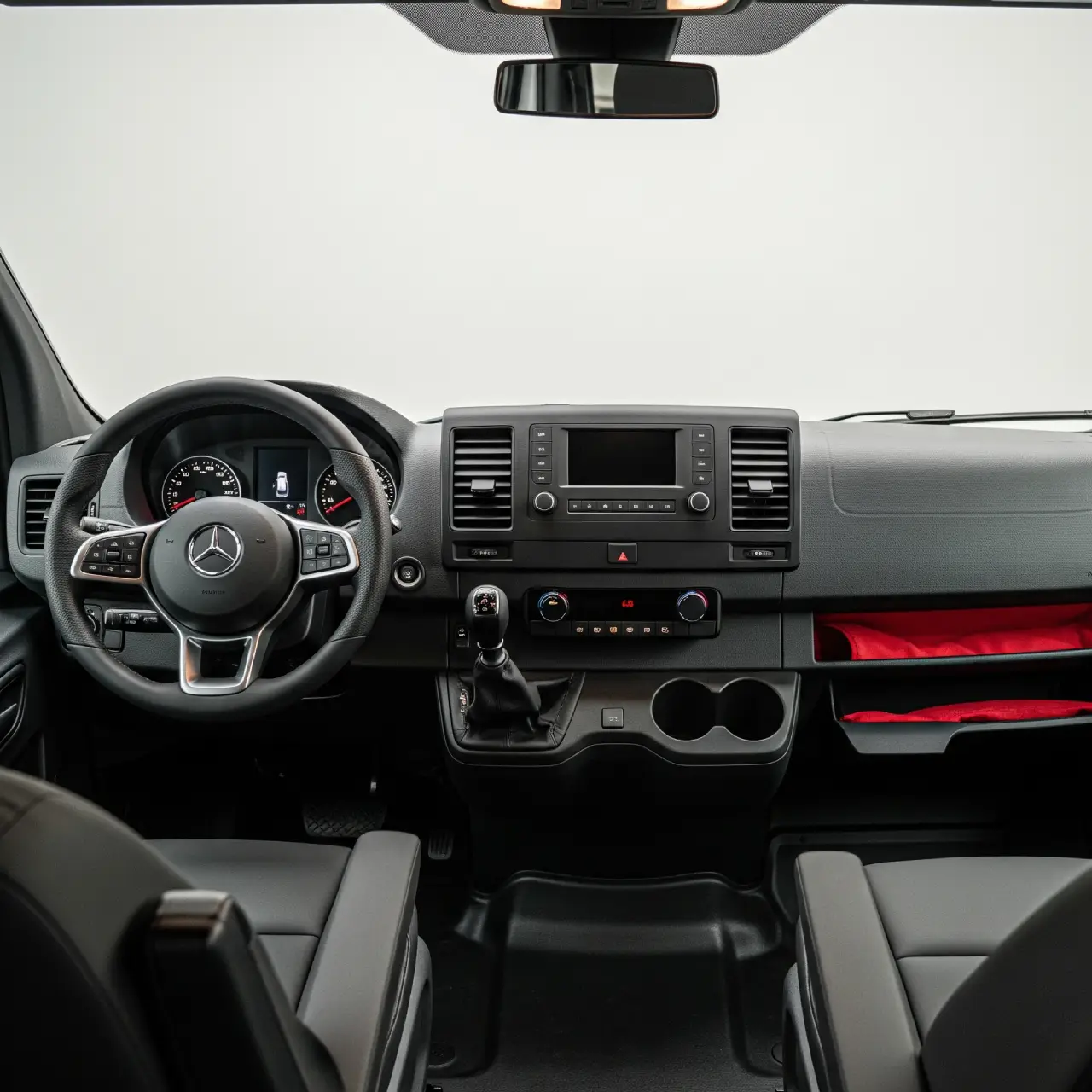 LKW-Innenraum im Abendlicht: makellose Armaturen mit roten Akzenten – Truck Titan.