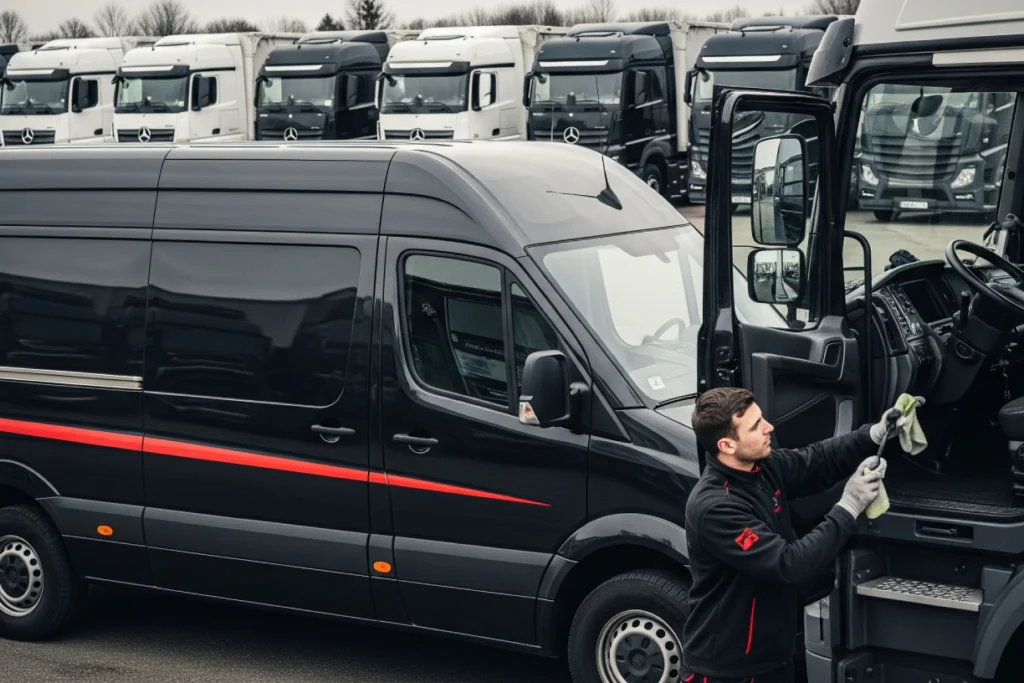 Truck Titan Techniker reinigt LKW-Kabine vor Ort – mobile LKW-Pflege für Transportunternehmen in der Schweiz