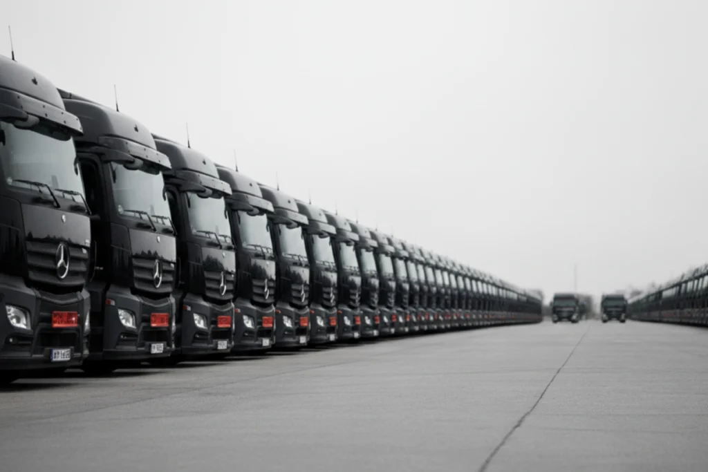 Endlose Reihe schwarzer LKWs – Symbol für Speditionen und Fuhrparks mit Truck Titan Rahmenverträgen in der Schweiz