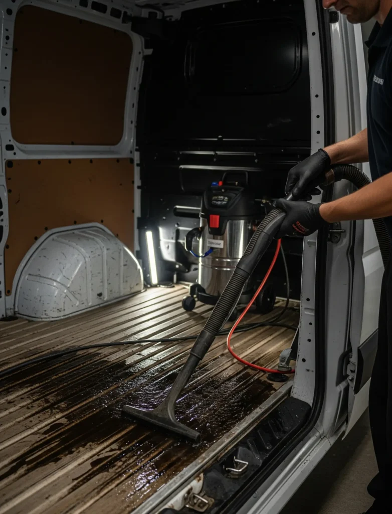 Reinigung einer Sprinter-Ladefläche mit Nasssauger – Truck Titan, mobile Fahrzeugreinigung vor Ort in der Ostschweiz.