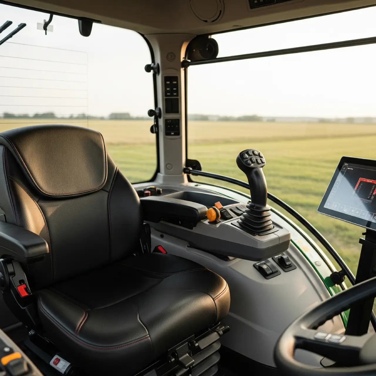 Traktorkabine makellos: staubfreier Sitz, Joystick-Armlehne, klares Display – Truck Titan.